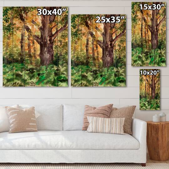 Designart - Large Tree In Autumn Forest - Lake House Print on Natural Pine Wood